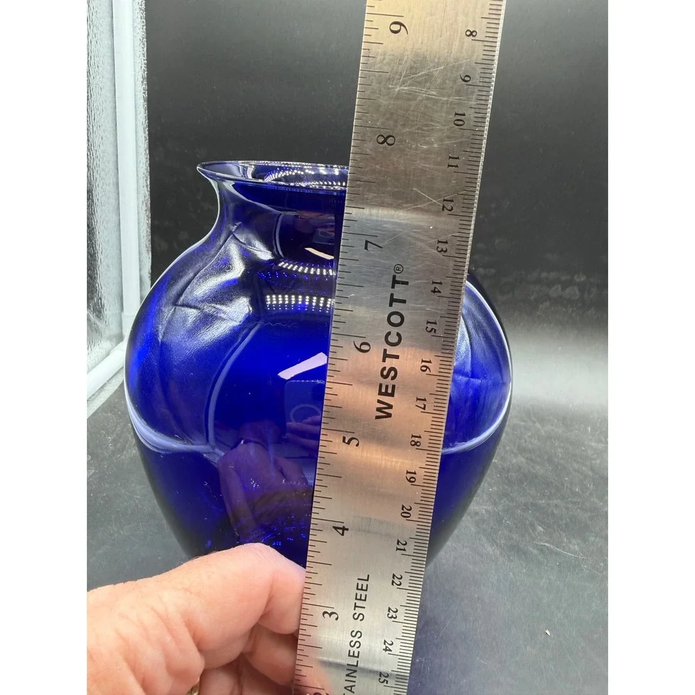 Vintage Cobalt Blue Glass Bulbous Vase Flared Rim Pedestal Base 7 Inch